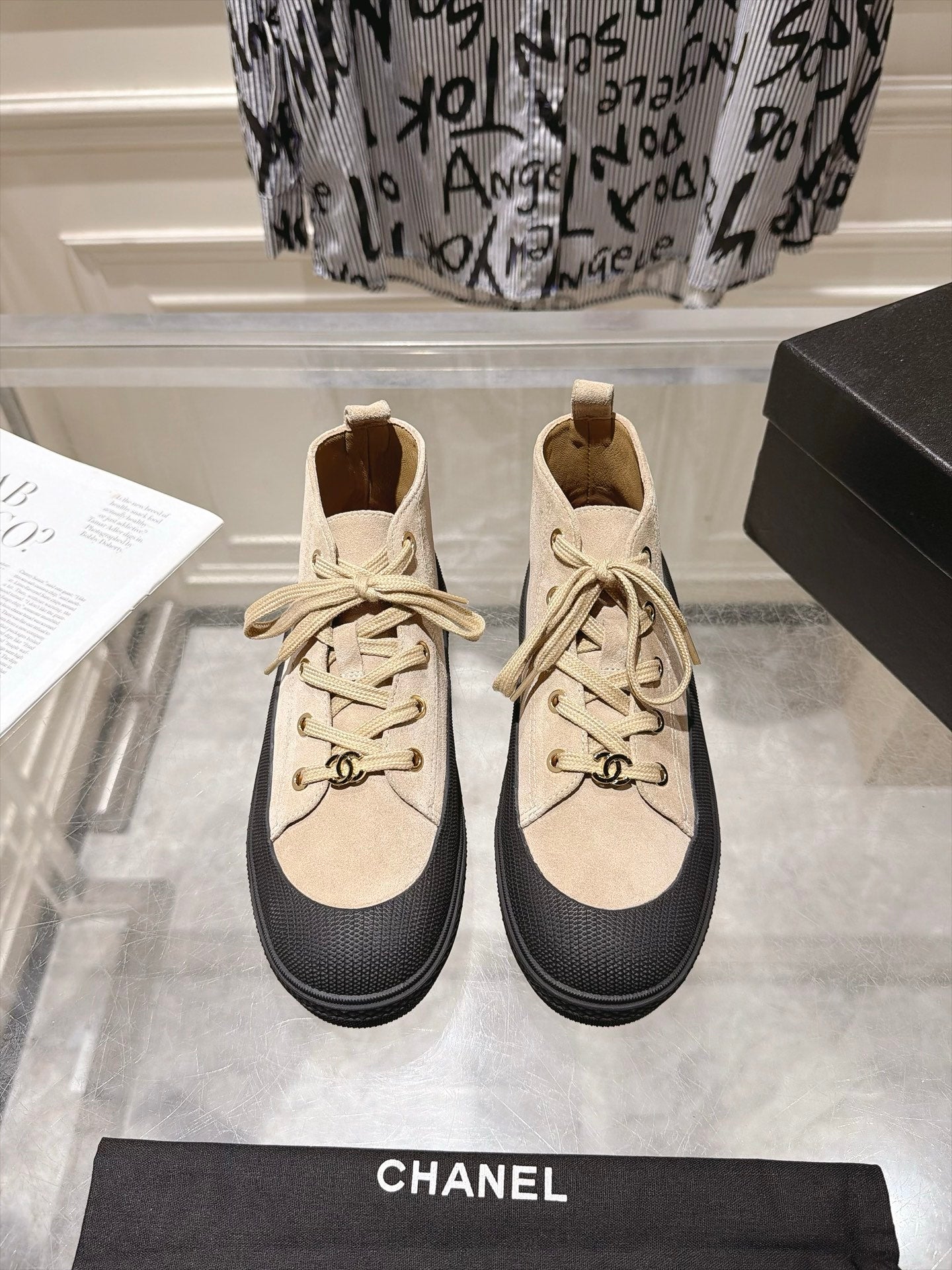 CHANEL 26S LACE UP HIGH TOP SNEAKERS IN BEIGE SUEDE