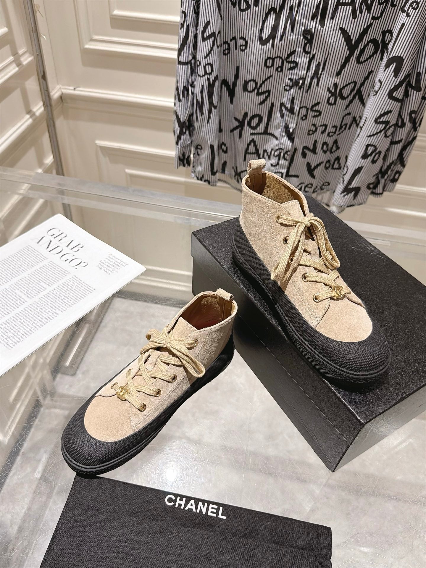 CHANEL 26S LACE UP HIGH TOP SNEAKERS IN BEIGE SUEDE
