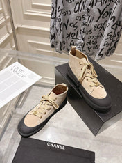 CHANEL 26S LACE UP HIGH TOP SNEAKERS IN BEIGE SUEDE