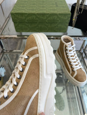 GG HIGH TOP SNEAKER IN CAMEL BROWN CANVAS WITH BEIGE FLEECE LINING