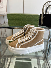 GG HIGH TOP SNEAKER IN CAMEL BROWN CANVAS WITH BEIGE FLEECE LINING