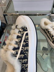 ALK'N PLATFORM SNEAKER CAMEL BROWN COTTON EMBROIDERED WITH OBLIQUE MOTIF AND WHITE SHEARLING