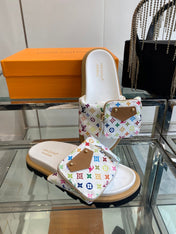 LV x TAKASHI MURAKAMI SLIDES IN MULTICOLOR FABRIC WITH ZIP POCKET STRAP