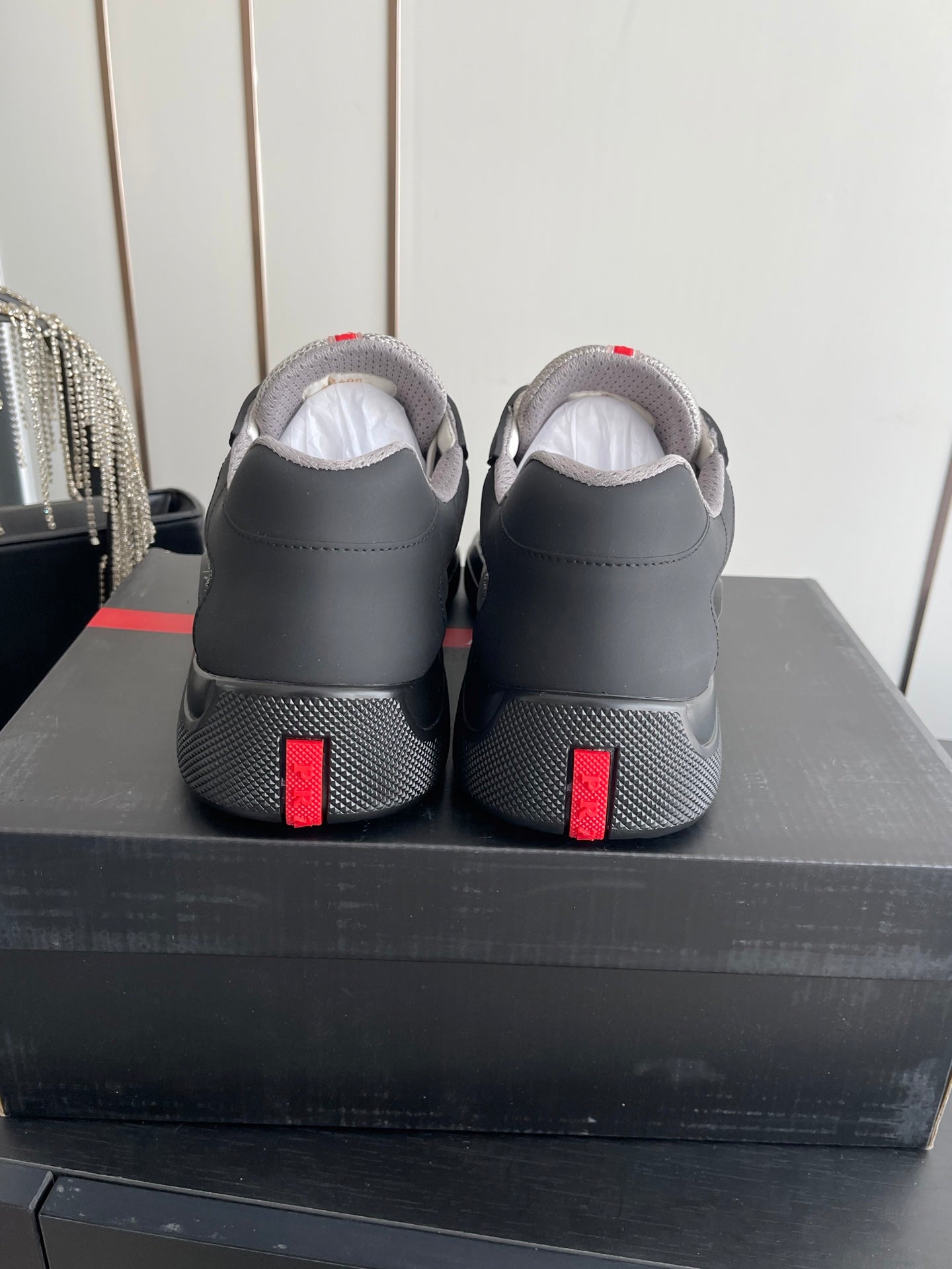 PRADA 26S AMERICA CUP SNEAKERS IN BLACK SOFT RUBBER AND BIKE FABRIC