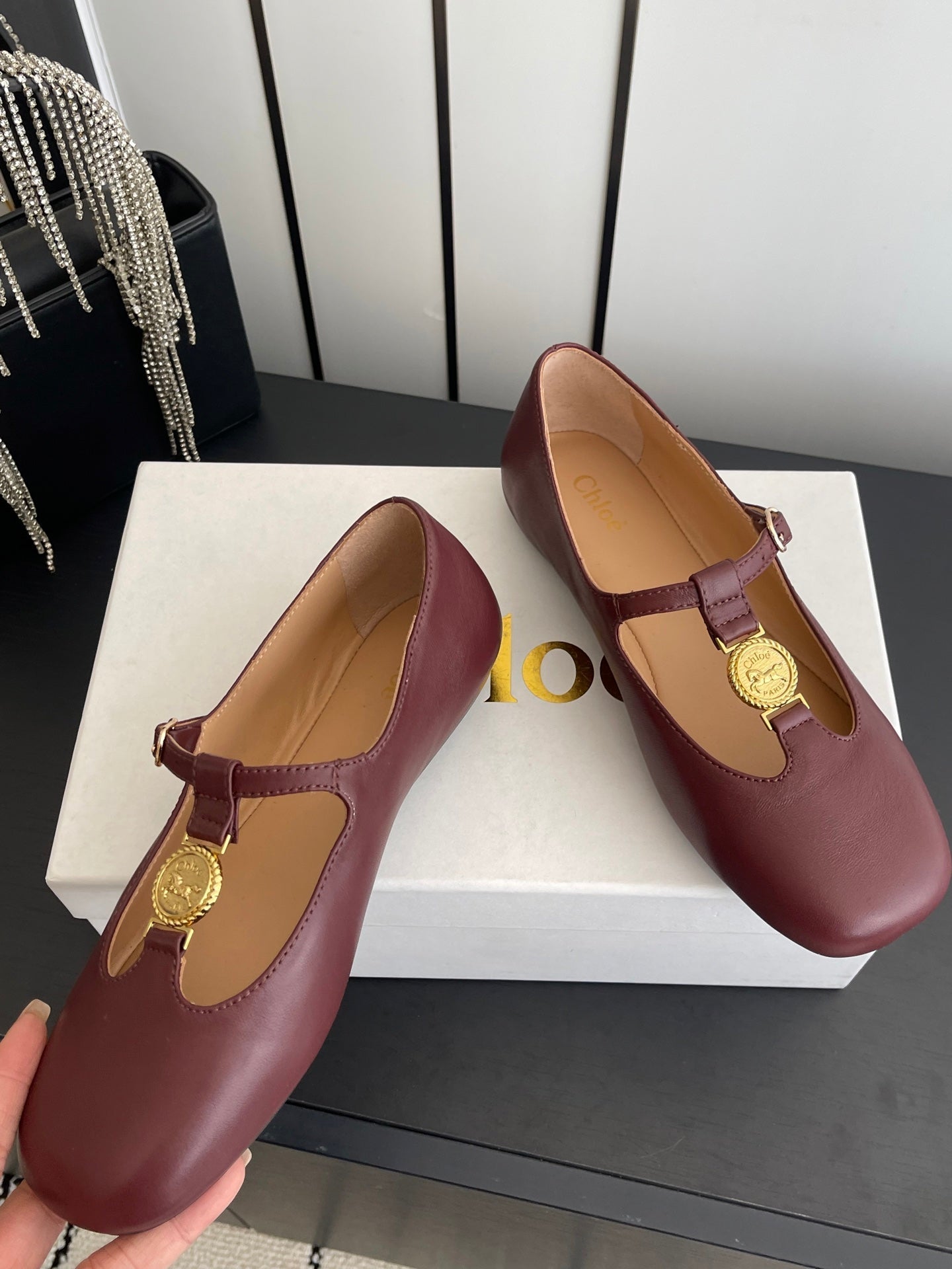 CHLOÉ 26S MARY JANE SHOES IN DARK RED CALFSKIN