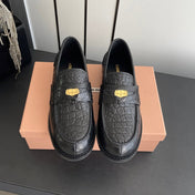 MIUMIU 26S PENNY LOAFERS IN BLACK CALFSKIN CROCODILE EMBOSSING