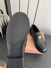 MIUMIU 26S PENNY LOAFERS IN BLACK CALFSKIN CROCODILE EMBOSSING