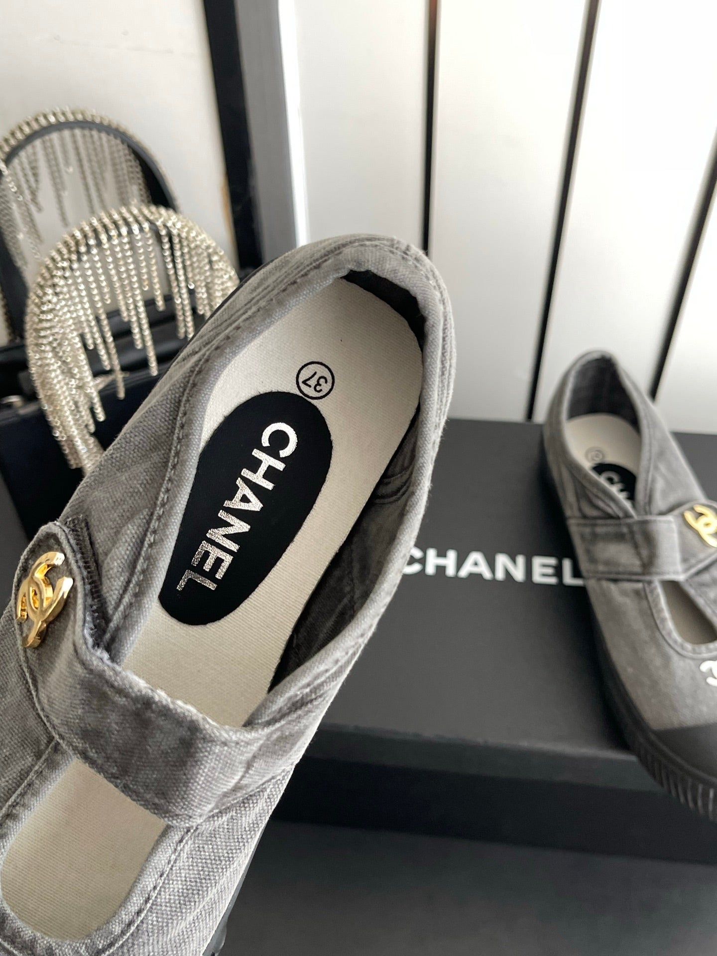CHANEL 26S MARY JANE SNEAKERS IN GREY CANVAS WITH GOLD-TONE METAL CC LOGO