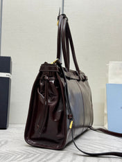 PRADA 25S BONNIE LARGE HANDBAG 38 IN DARK BROWN GLOSSY CALFSKIN GOLD HARDWRE