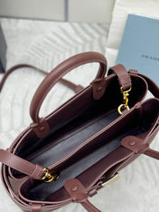 PRADA 25S BUCKLE SMALL HANDBAG 32 IN RICH BROWN CALFSKIN GOLD HARDWARE