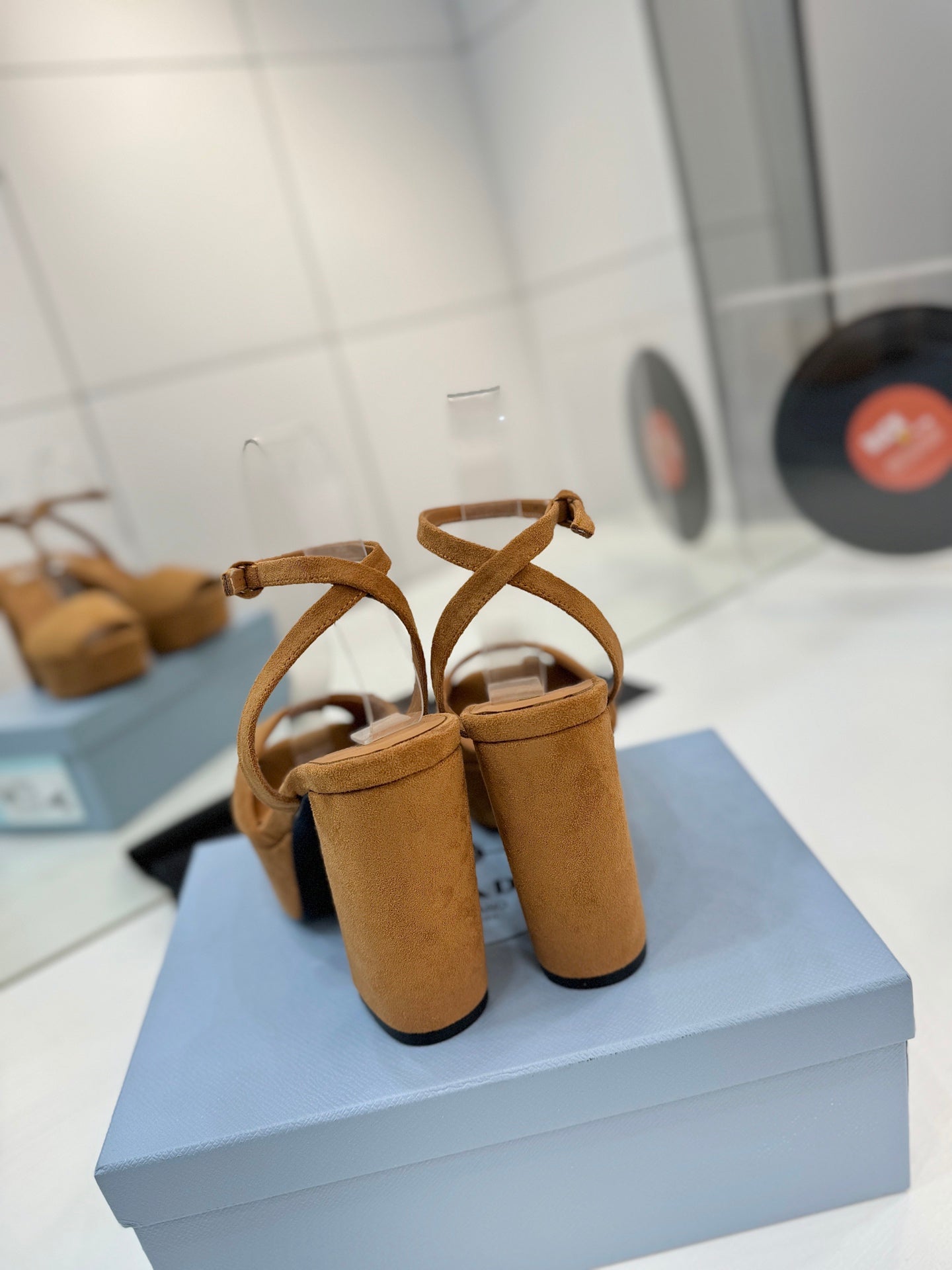 PRADA 26S HEELED SANDALS 115MM IN CARAMEL BROWN SUEDE