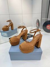 PRADA 26S HEELED SANDALS 115MM IN CARAMEL BROWN SUEDE