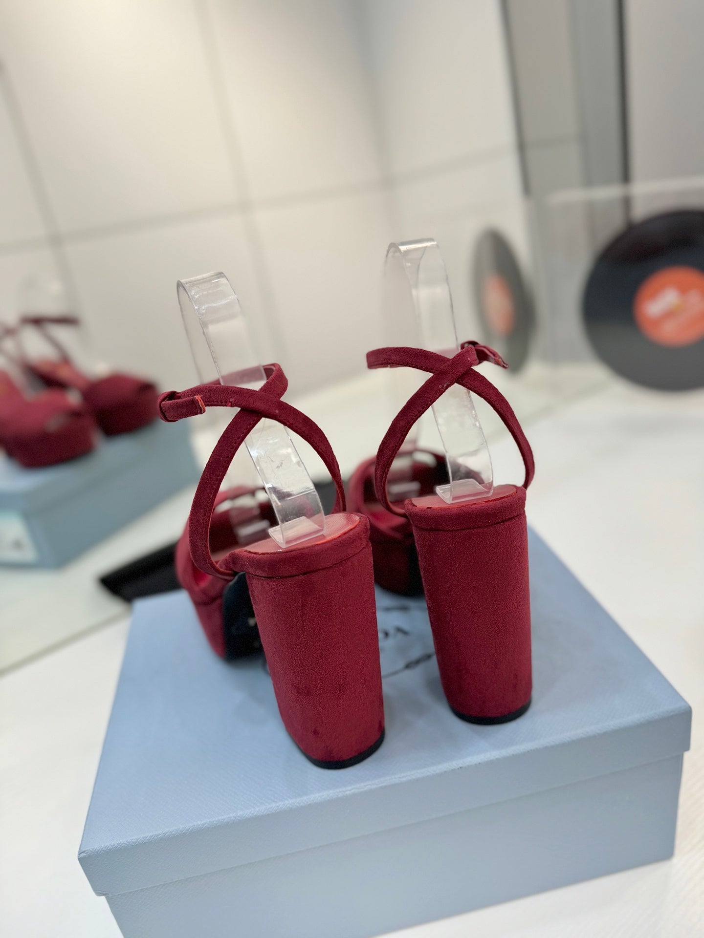 PRADA 26S HEELED SANDALS 115MM IN BURGUNDY RED SUEDE