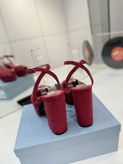 PRADA 26S HEELED SANDALS 115MM IN BURGUNDY RED SUEDE