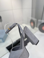 PRADA 26S HEELED SANDALS 115MM IN GRAY SUEDE