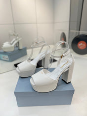 PRADA 26S HEELED SANDALS 115MM IN WHITE CALFSKIN
