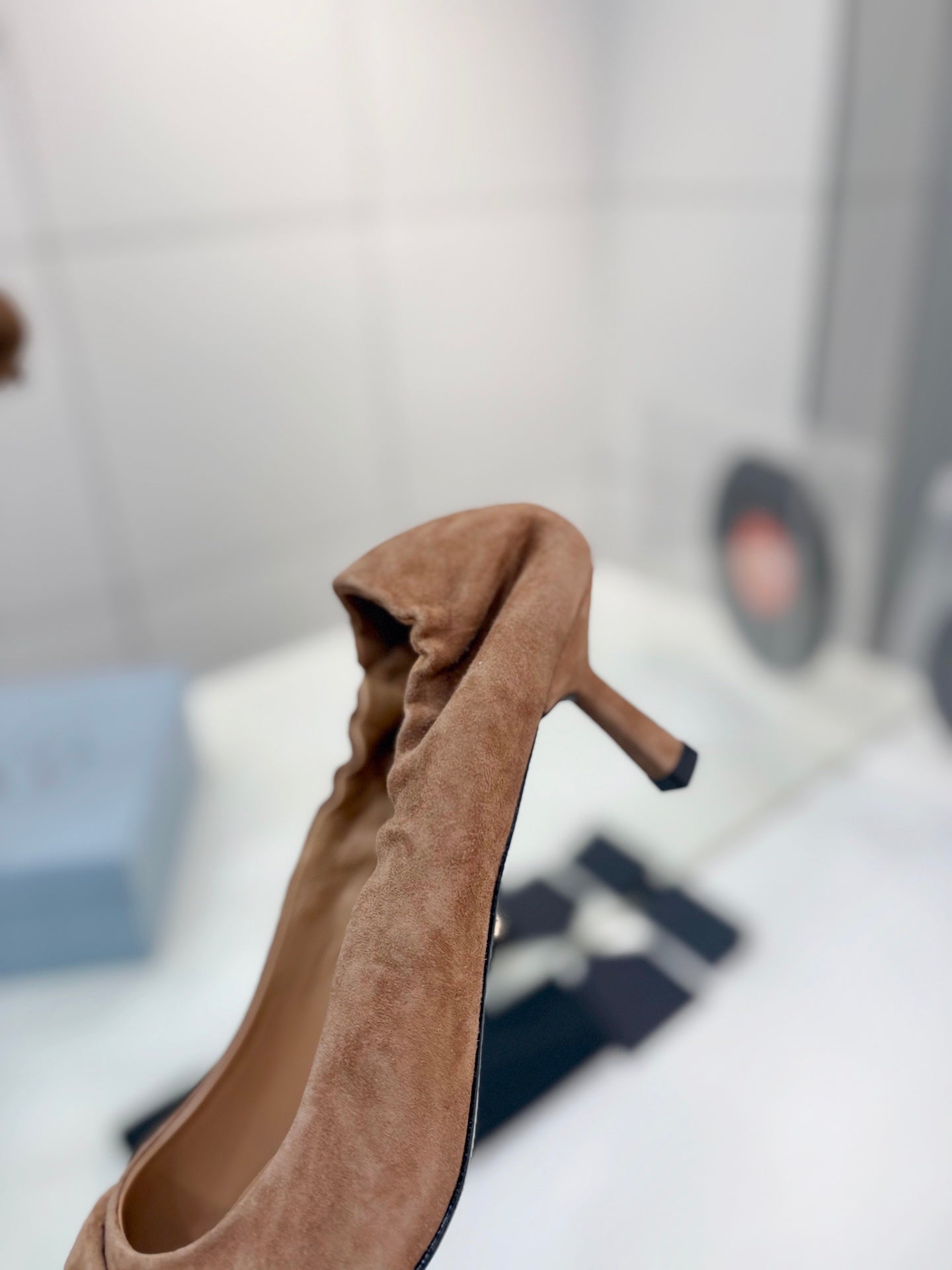 PRADA 26S PUMPS 55MM IN CARAMEL BROWN SUEDE WITH LOGO