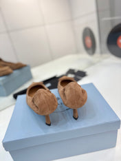 PRADA 26S PUMPS 55MM IN CARAMEL BROWN SUEDE WITH LOGO