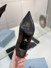 PRADA 26S PUMPS 55MM IN DARK BROWN SUEDE WITH LOGO