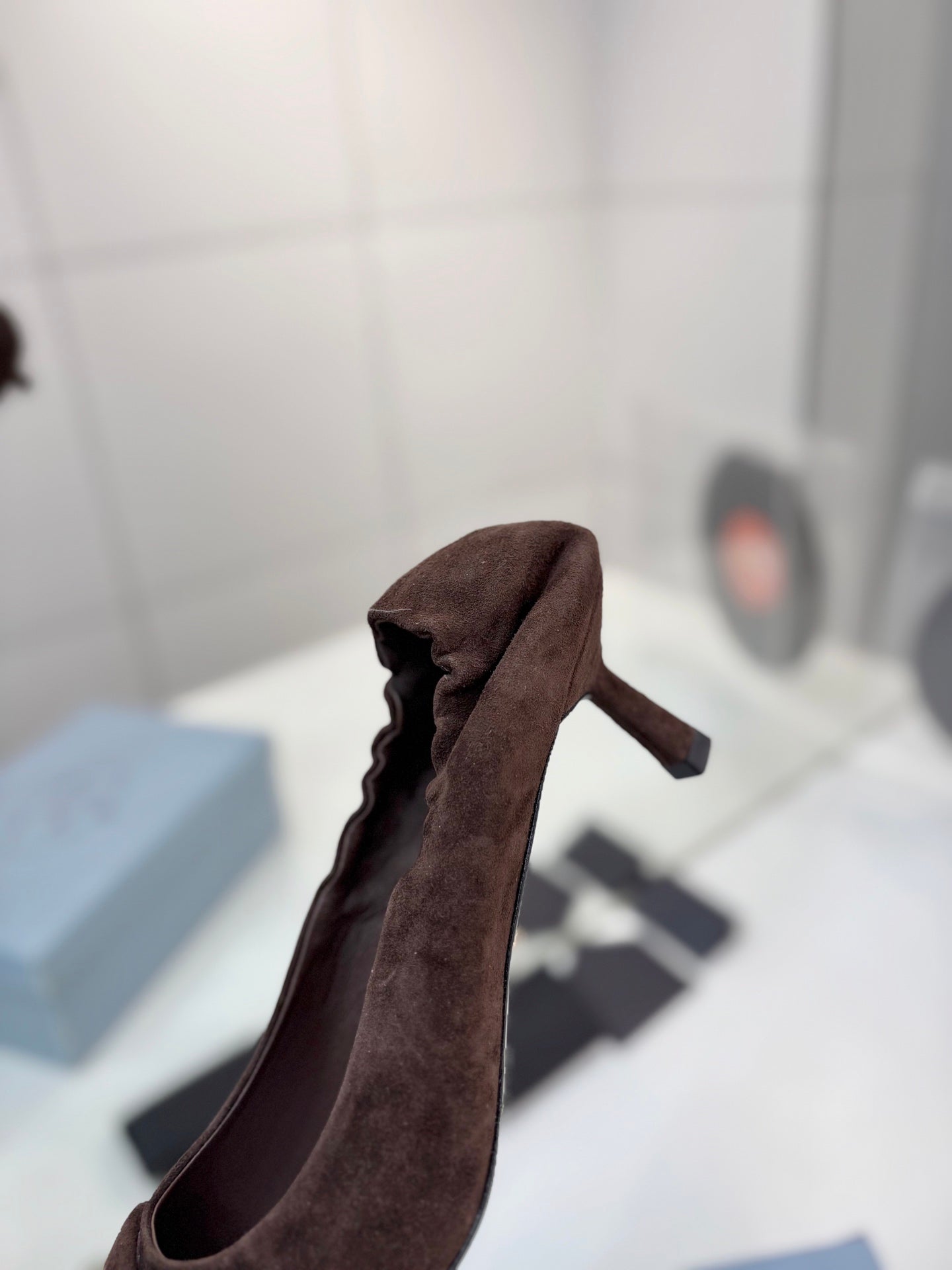 PRADA 26S PUMPS 55MM IN DARK BROWN SUEDE WITH LOGO