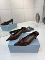 PRADA 26S PUMPS 55MM IN DARK BROWN SUEDE WITH LOGO