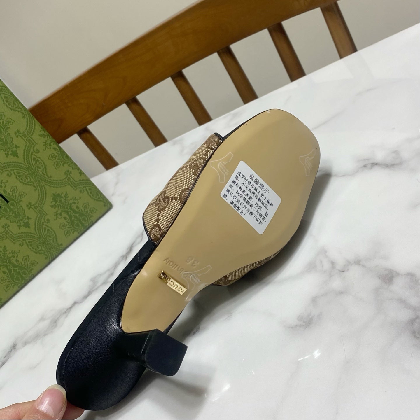 GUCCI 26S HEELED SLIDES 75 MM IN SAND BROWN CANVAS AND BLACK LAMBSKIN