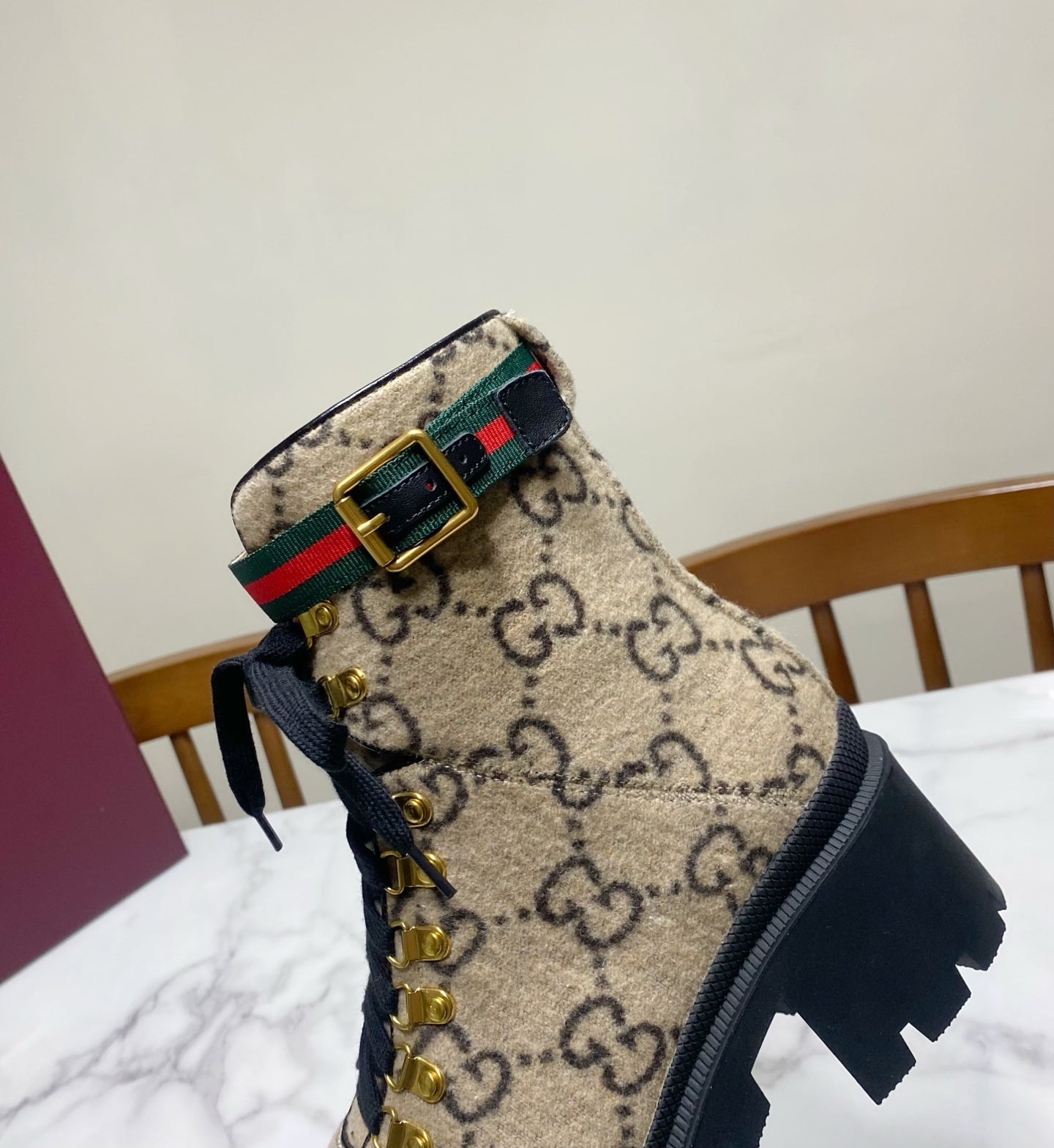 GUCCI 26S PLATFORM ANKLE BOOTS 70 MM IN BEIGE WOOL