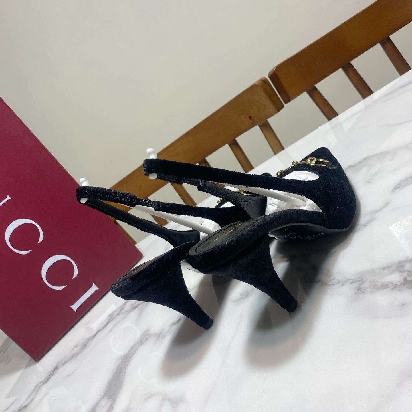 GUCCI 26S SLINGBACK HEELS 85 MM IN BLACK VELVET
