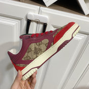 GUCCI 26S RE-WEB TRAINER SNEAKERS IN RED CALFSKIN AND BEIGE CANVAS