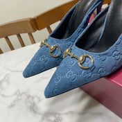 GUCCI 26S HEELED MULES 85 MM IN BLUE SUEDE