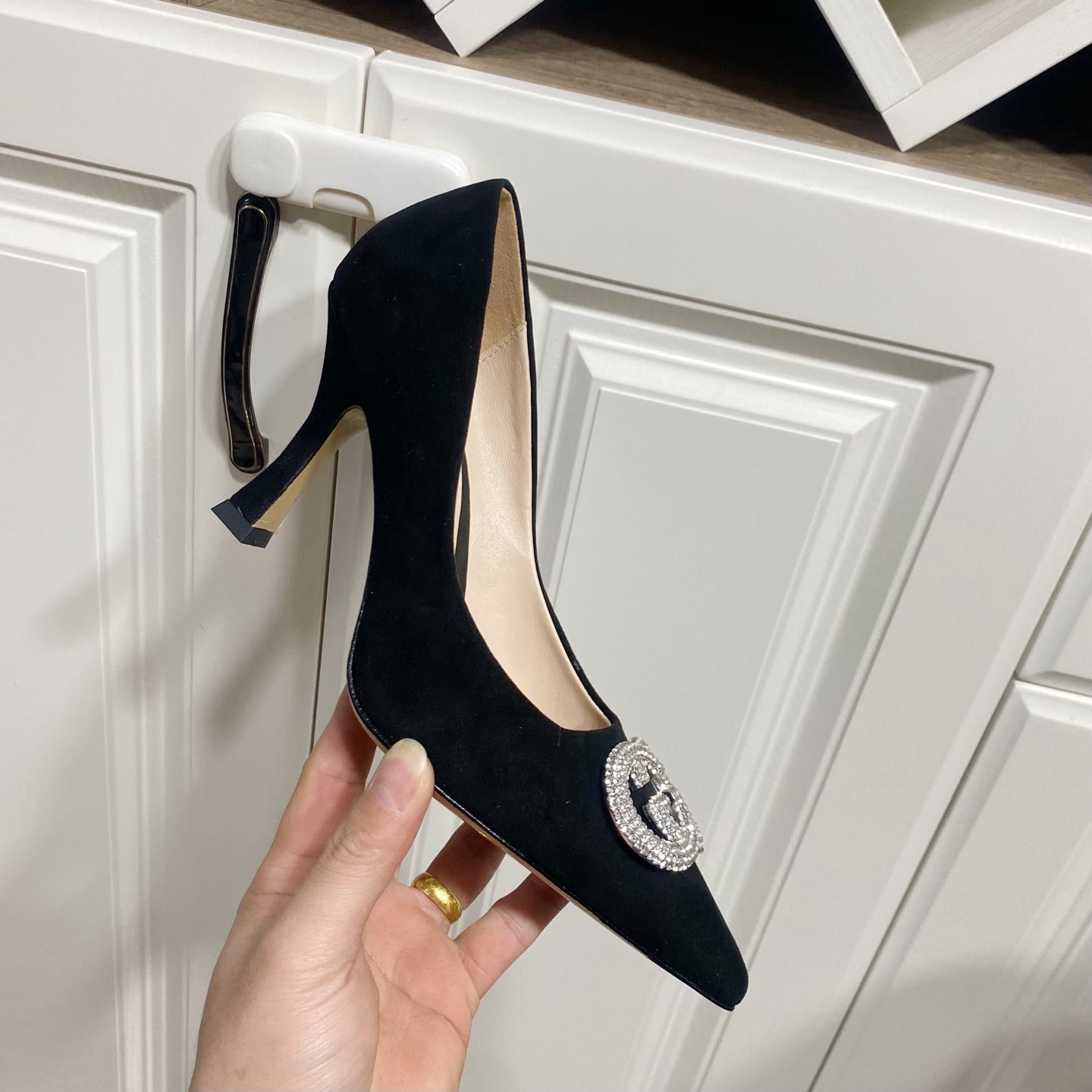 GUCCI 26S HIGH-HEELED SHOES 85 MM IN BLACK SUEDE WITH CRYSTAL