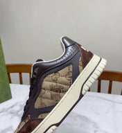 GUCCI 26S RE-WEB TRAINER SNEAKERS IN BROWN CALFSKIN AND BEIGE CANVAS