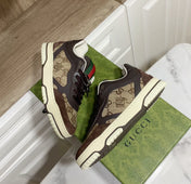 GUCCI 26S RE-WEB TRAINER SNEAKERS IN BROWN CALFSKIN AND BEIGE CANVAS
