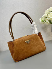 SHOULDER BAG 28 IN TAWNY BROWN SUEDE GOLD LOGO