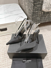 BARBARA 90 EMBELLISHED  BLACK SATIN MULES WITH RHINSTONES