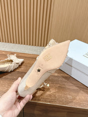 DIOR ADIORABLE HIGH HEEL 25S IN LIGHT BEIGE FABRIC WITH PEARL DETAILING