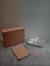 MIUMIU 26S LOW TOP SNEAKERS IN WHITE CANVAS CRYSTAL-EMBELLISHED