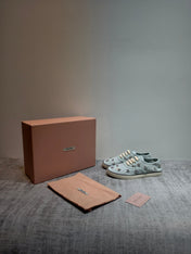 MIUMIU 26S LOW TOP SNEAKERS IN LIGHT BLUE CANVAS CRYSTAL-EMBELLISHED