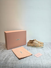 MIUMIU 26S LOW TOP SNEAKERS IN BROWN CANVAS CRYSTAL-EMBELLISHED
