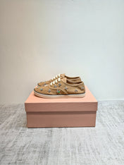 MIUMIU 26S LOW TOP SNEAKERS IN BROWN CANVAS CRYSTAL-EMBELLISHED