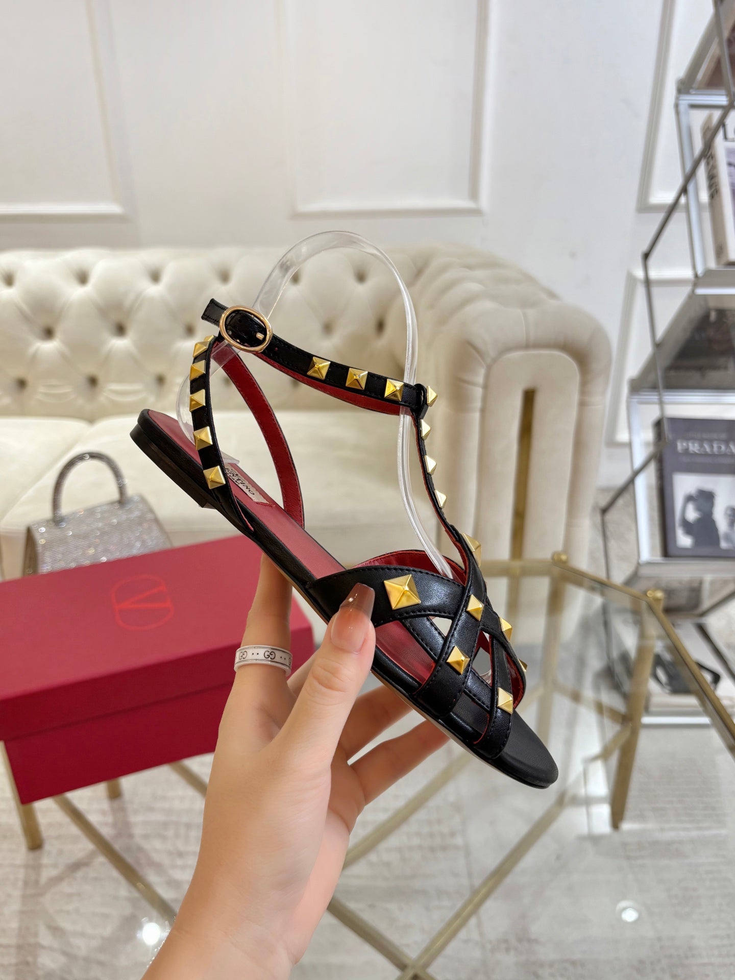 VALENTINO 26S SANDALS IN BLACK CALFSKIN WITH STUD-EMBELLISHED