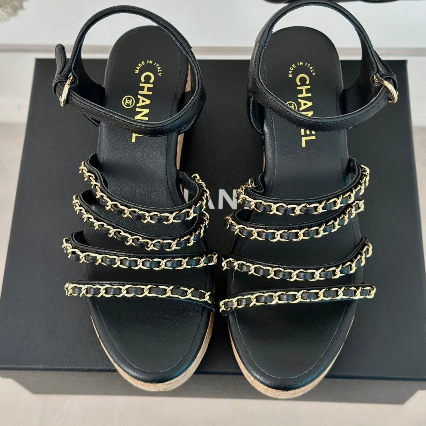 Double C Wooden Chain Platform Block Heel Sandals Black
