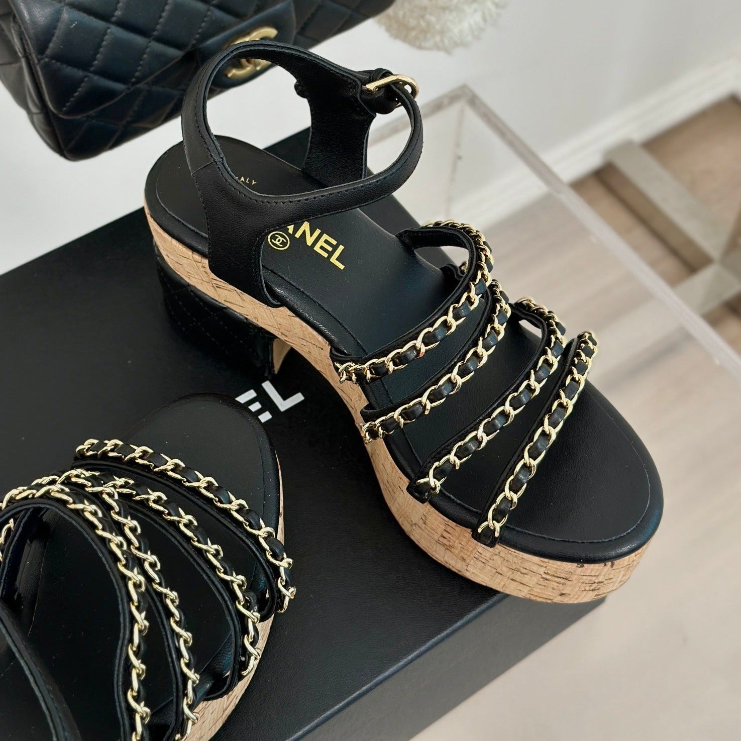 Double C Wooden Chain Platform Block Heel Sandals Black