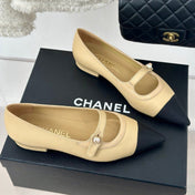 Double C Milan Runway Pointed Toe Mary Jane Shoes Dark Cream Black Lambskin