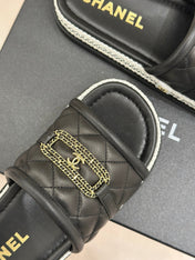 DIAMOND QUILTED CHAIN LAZY SLIPPERS IN BLACK LAMBSKIN