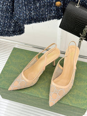 GG HIGH SLINGBACK 8.5 CM IN BEIGE CLASSIC POINTED-TOE MESH WITH RHINESTONE EMBELLISHMENTS