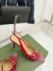 HIGH SLINGBACK 8.5 CM IN RED FABRIC WITH RHINESTONE EMBELLISHMENTS