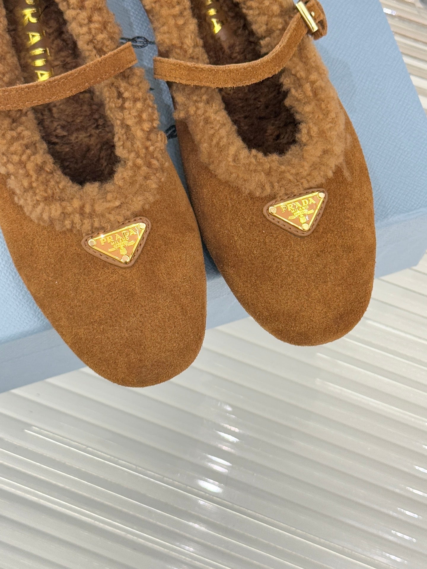 PRADA 25S MARY JANE FLATS IN BROWN SUEDE WITH GOLD HARDWARE
