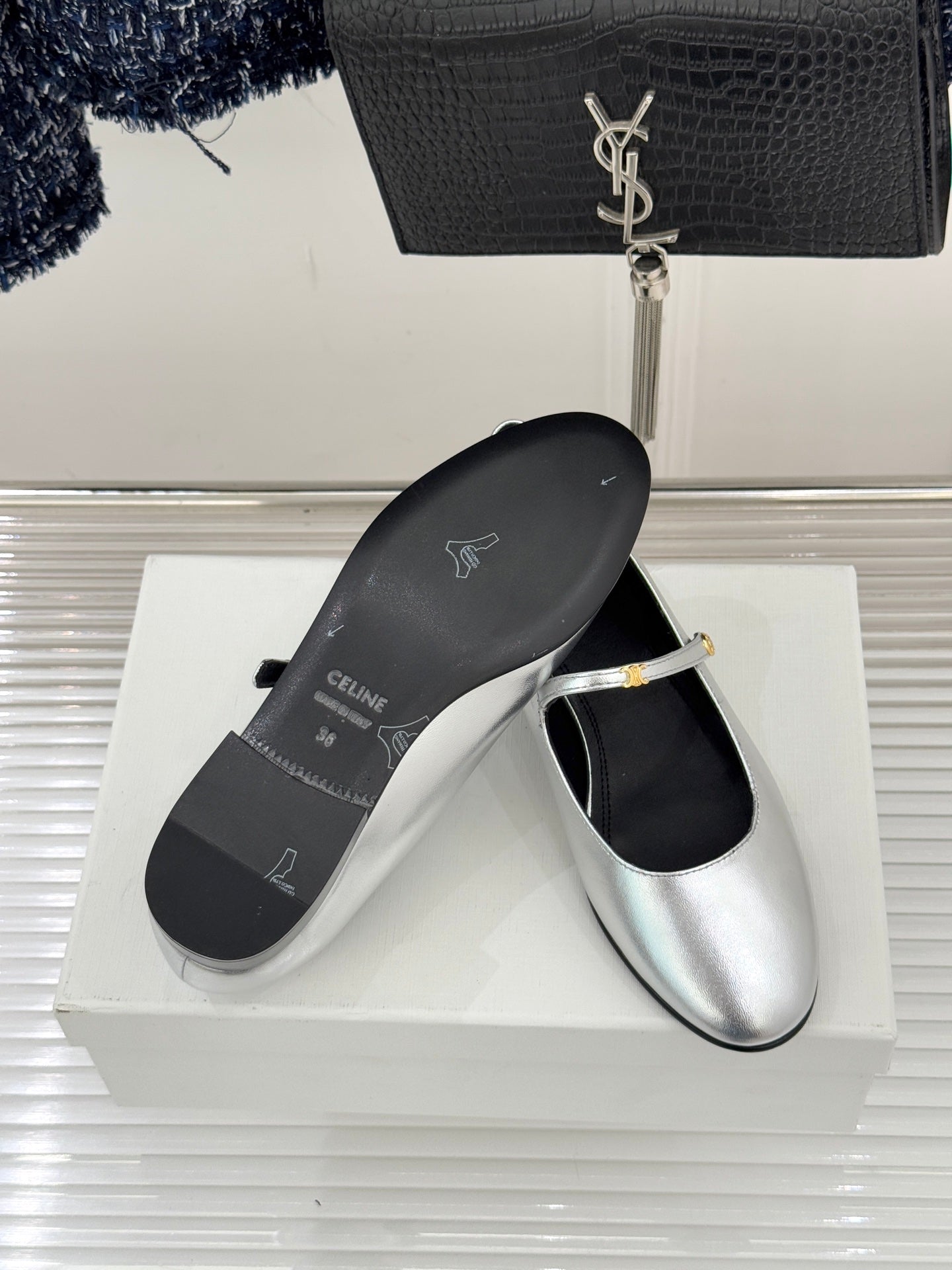 CELINE 26S MARY JANE SHOES IN SILVER LAMBSKIN