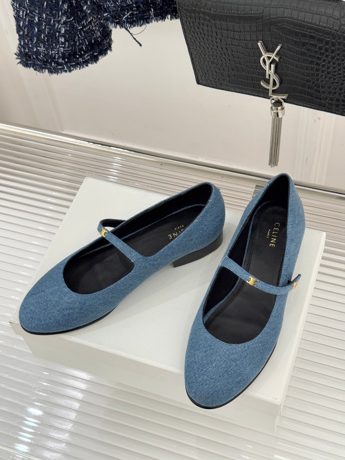 CELINE 26S MARY JANE SHOES IN BLUE DENIM